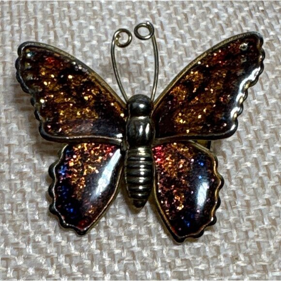 Butterfly Brooch Pin Set of 2 Multicolor Glitter Enamel Beautiful - Picture 3 of 10